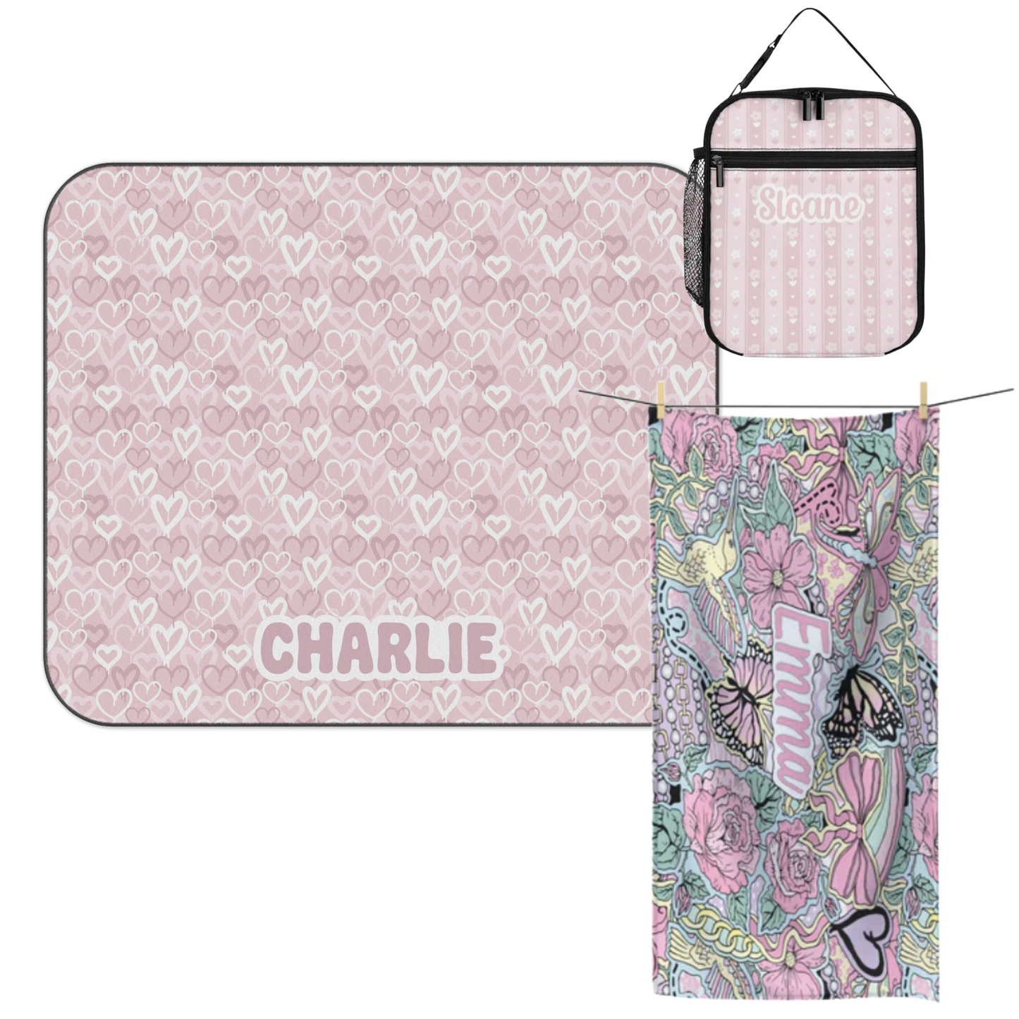 Girls Outdoor Blanket, Insulated Lunch Tote, and Towel Bundle