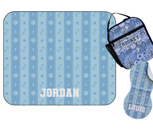 Boys Outdoor Blanket, Insulated Lunch Tote, and Burp Cloth Bundle